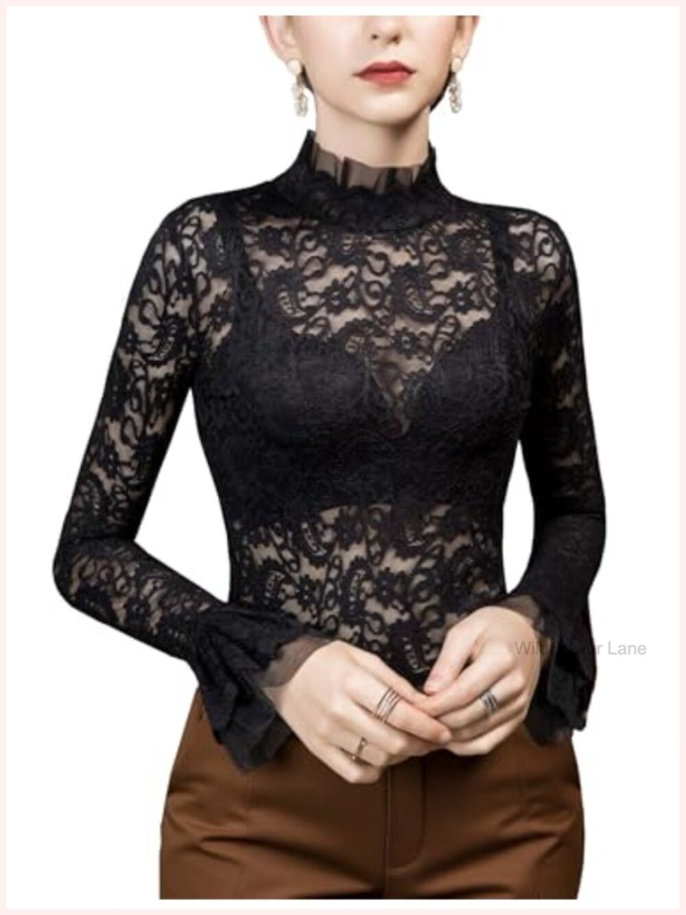 Sheer Lace Turtleneck Long Sleeve Blouse Floral Mesh See Through Going Out Top